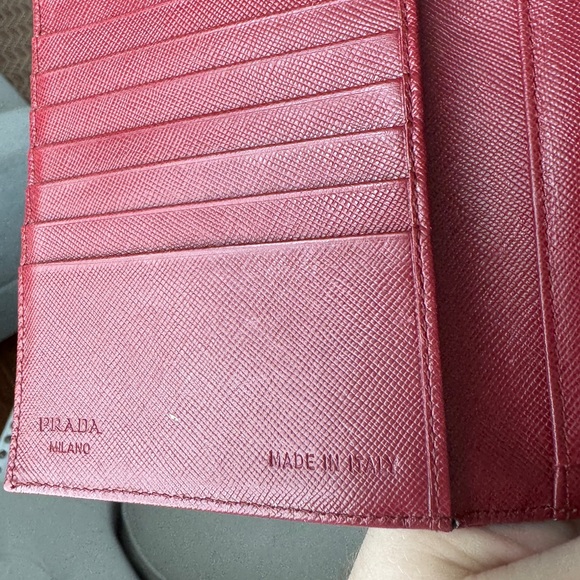 Prada Tessuto Saffiano Logo Nylon Trifold Leather Wallet Red Authentic - Picture 9 of 12